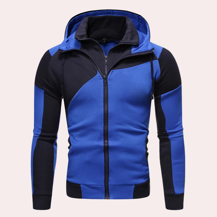 Hoodie de hombre casual con cremallera frontal y capucha ajustable, ideal para moda masculina urbana.