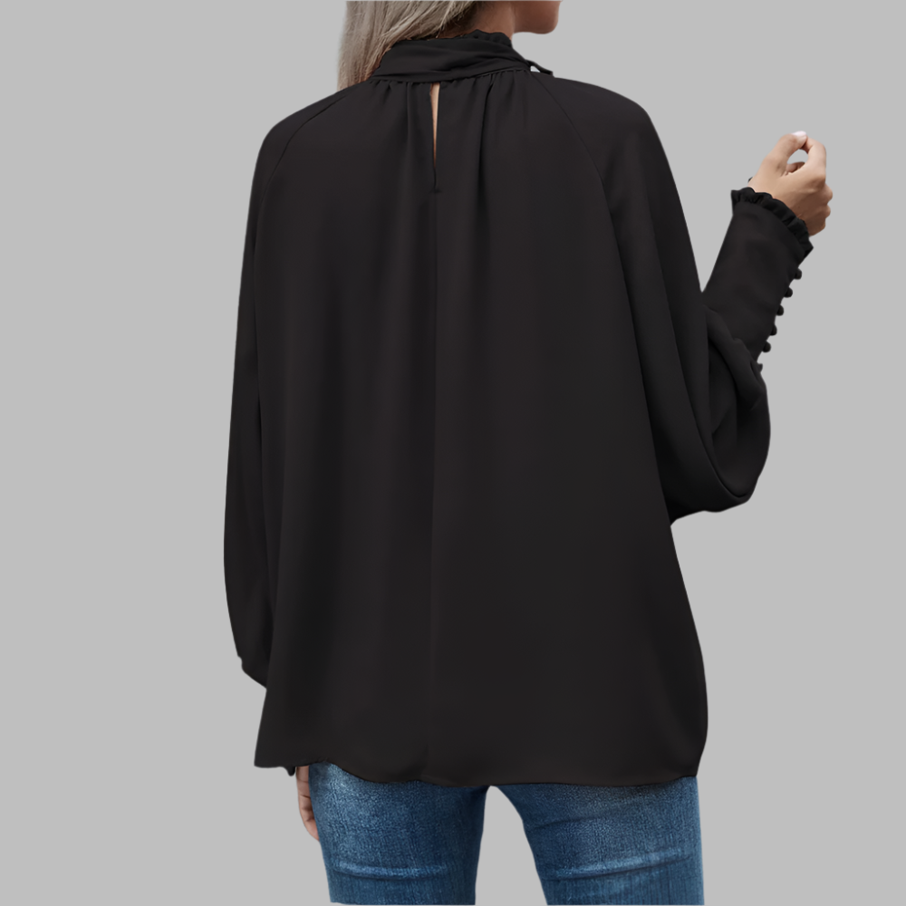 Blusa de mujer con lazo, mangas largas. Estilo elegante para primavera, otoño u oficina. Moda versátil.