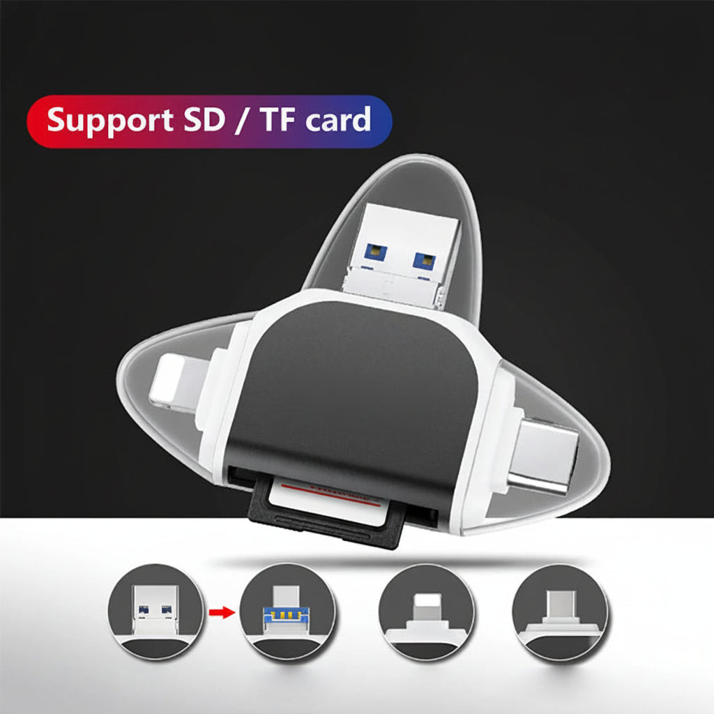 Lector de tarjetas 4 en 1 USB-C para SD y MicroSD. Accesorios móviles para datos y transferencia rápida.
