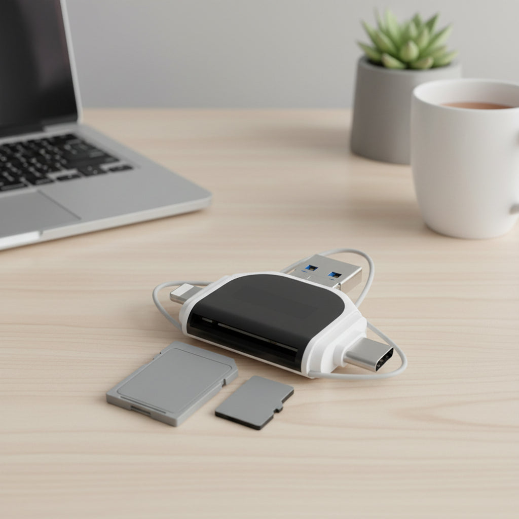 Lector de tarjetas USB-C 4 en 1 para SD y MicroSD. Adaptador de datos universal para transferencia rápida.