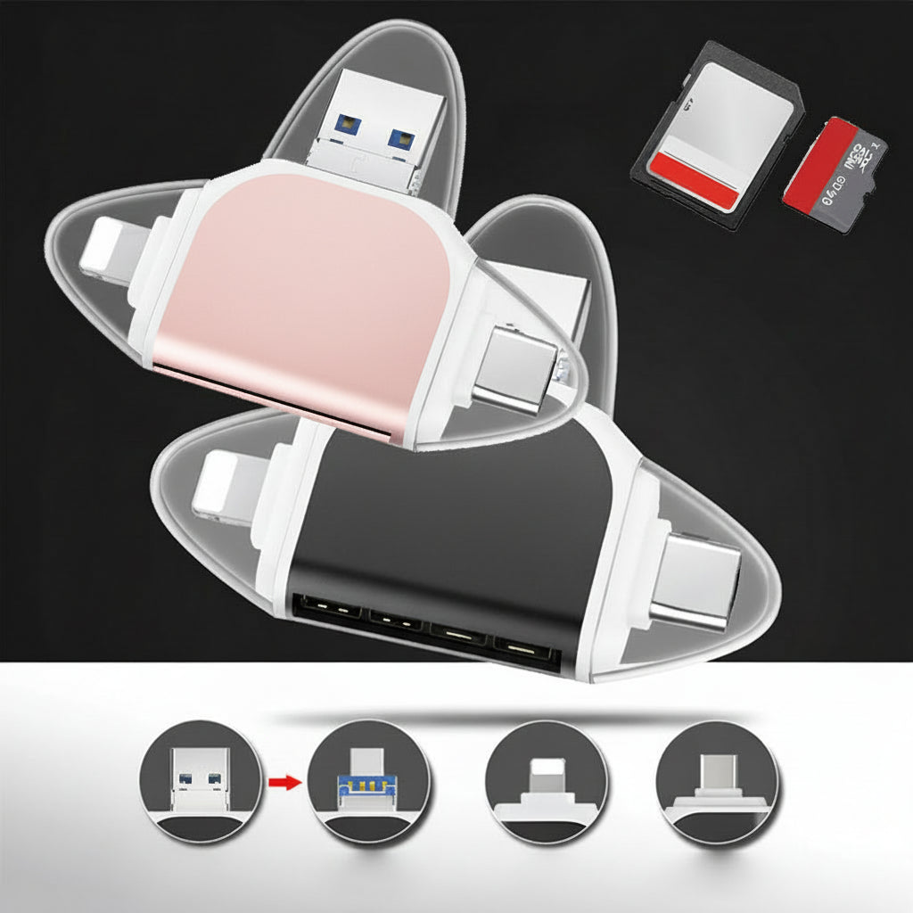 Adaptador de datos universal USB-C. Lector 4 en 1 para tarjetas SD y MicroSD. Transferencia rápida y fiable.