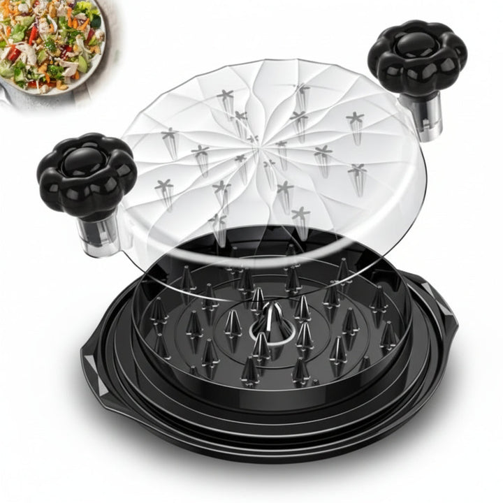 Desmenuzadora manual de carne con tazón de vidrio y base antideslizante. Ideal para pollo, cerdo y otras carnes.