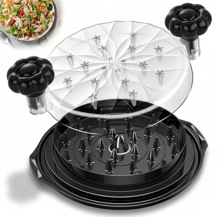 Herramienta de cocina eficiente: desmenuzadora manual de carne con tazón de vidrio y base antideslizante.
