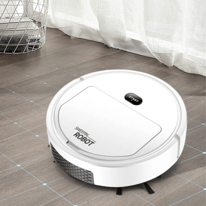 Aspiradora robot inteligente limpiando automáticamente un suelo de madera, para un hogar impecable y sin esfuerzo.