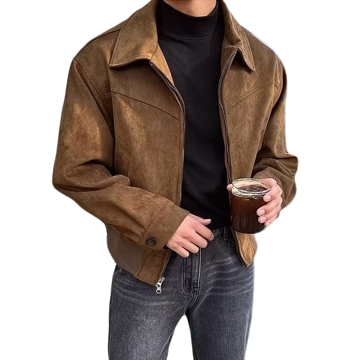 Chaqueta de hombre con cremallera y diseño vintage, perfecta para un look retro y casual de moda masculina.