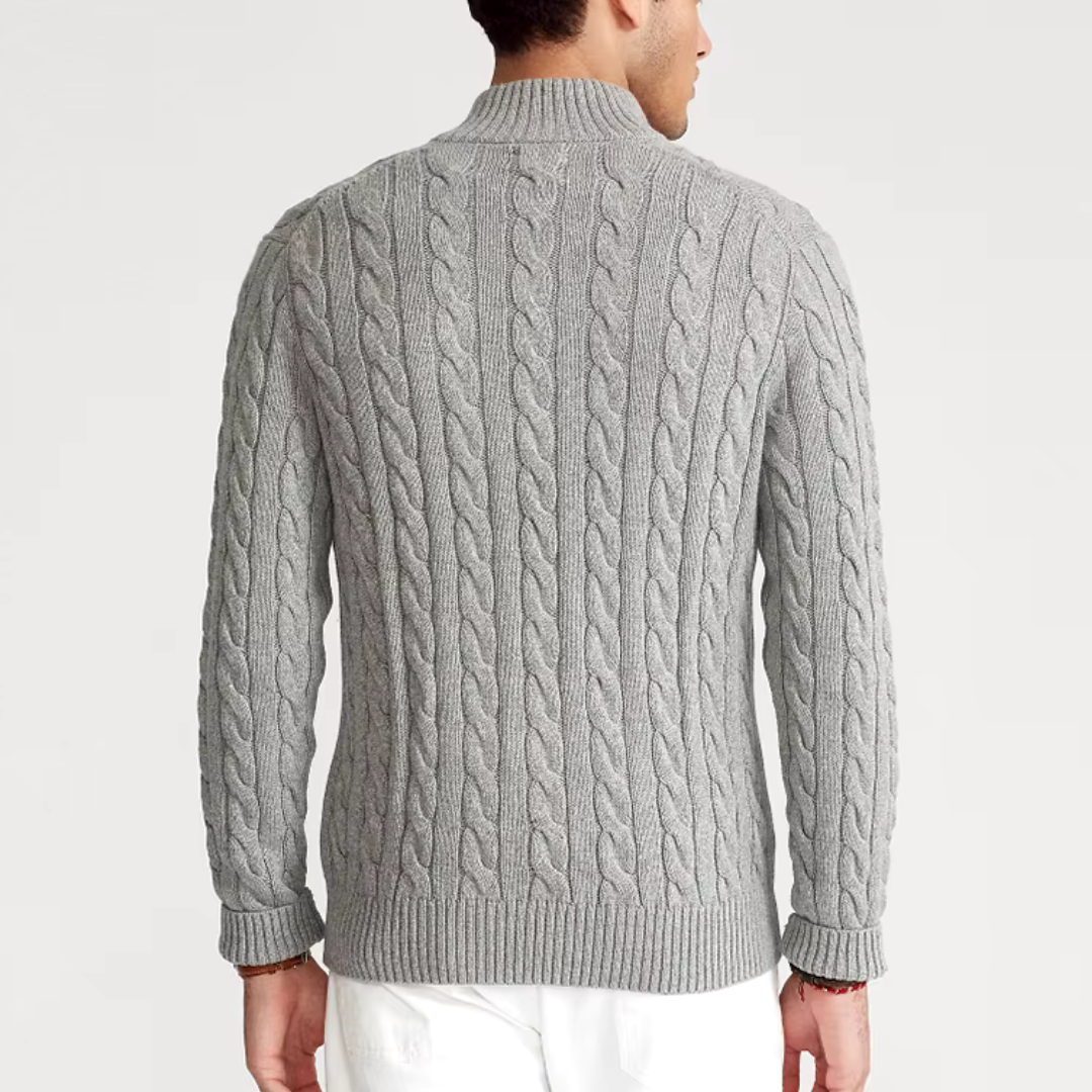 Jersey masculino casual de invierno con cremallera y patrón trenzado, ropa cálida y cómoda.