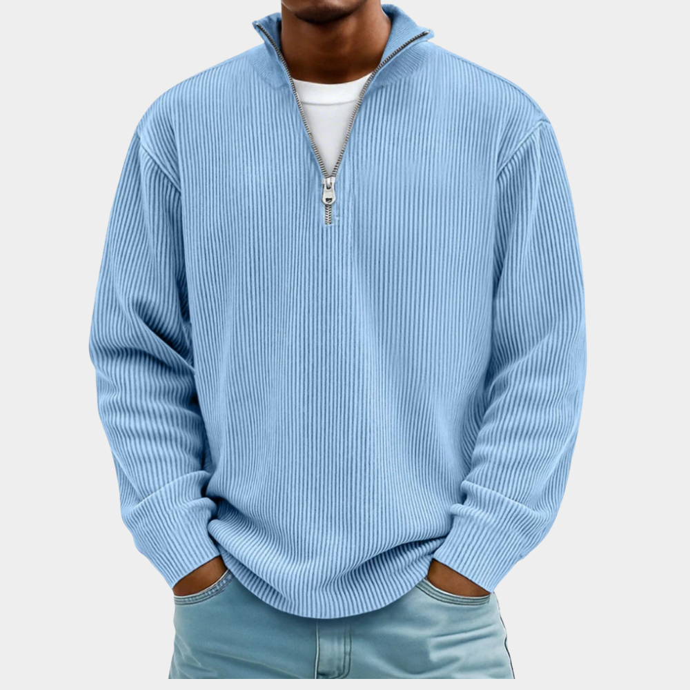 Suéter de hombre con media cremallera, diseño acanalado moderno. Ideal para invierno y otoño.