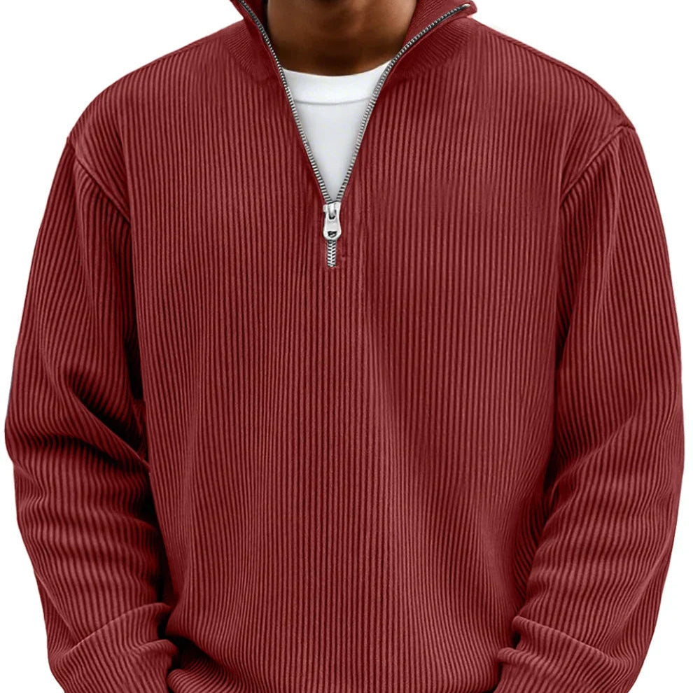 Suéter acanalado para hombre, media cremallera, tejido de calidad. Esencial para tu armario de invierno.