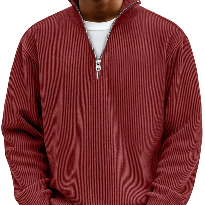 Suéter acanalado para hombre, media cremallera, tejido de calidad. Esencial para tu armario de invierno.