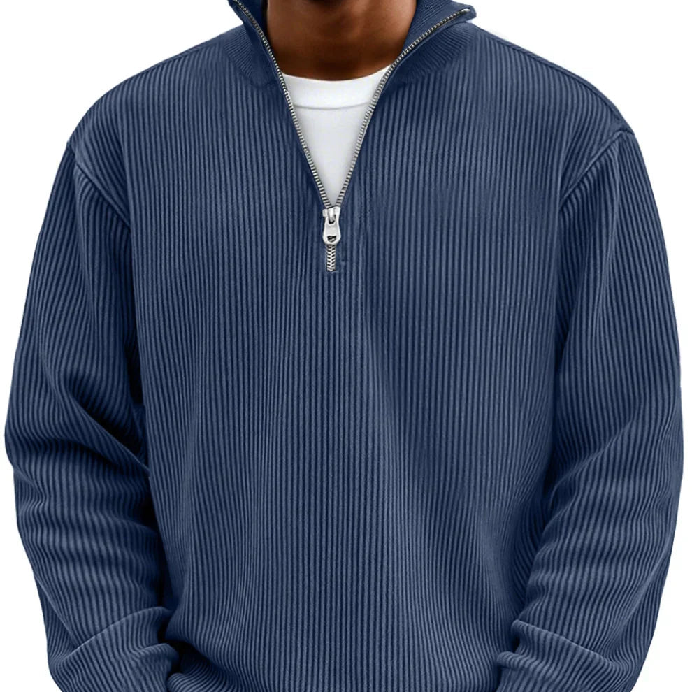Suéter para hombre, estilo moderno, tejido acanalado con media cremallera. Moda masculina de otoño.