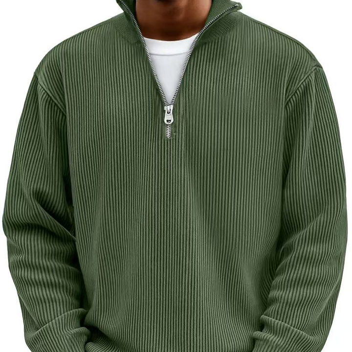 Suéter de punto acanalado para hombre, con media cremallera. Ideal para looks de otoño e invierno.