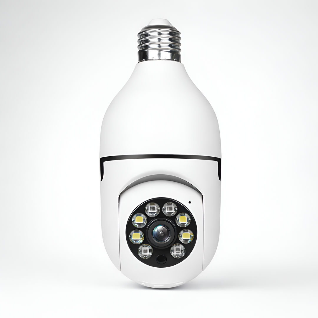 Cámara WiFi E27 inteligente con visión nocturna a color para seguridad del hogar. Monitoreo remoto y vigilancia.