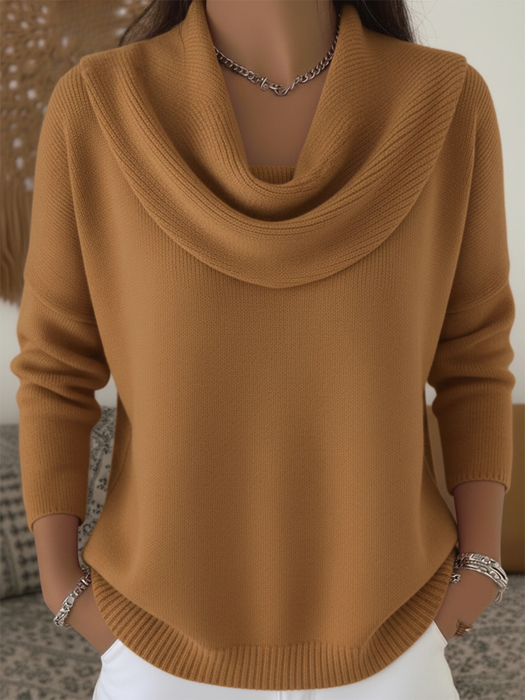 Suéter de punto cómodo para mujer con cuello cisne caído, perfecto para ropa casual de invierno.