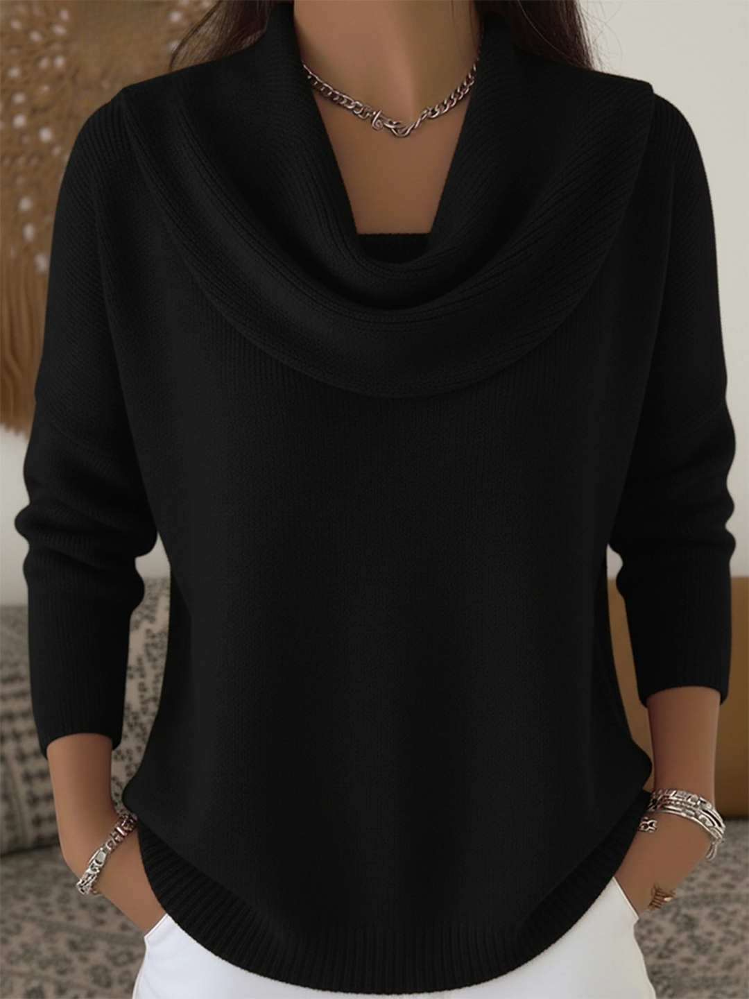 Jersey de punto suave para mujer, diseño de cuello cisne caído, estilo casual y confortable.
