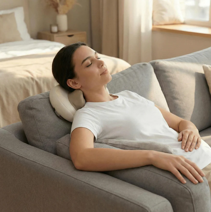 Masajeador cervical y hombros ergonómico con calor, unisex. Alivia tensión y estrés, promueve relajación.