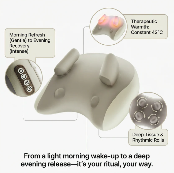 Masajeador cervical y hombros con calor. Dispositivo ergonómico portátil para relajación y alivio del dolor.