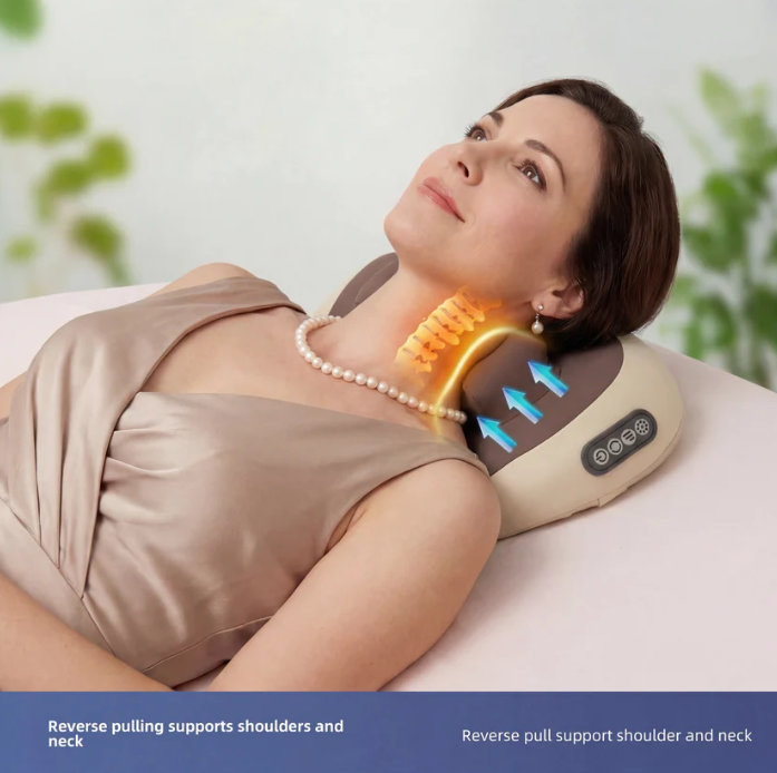 Masajeador portátil de cuello y hombros con calor. Diseño ergonómico para alivio de cervicales y bienestar.