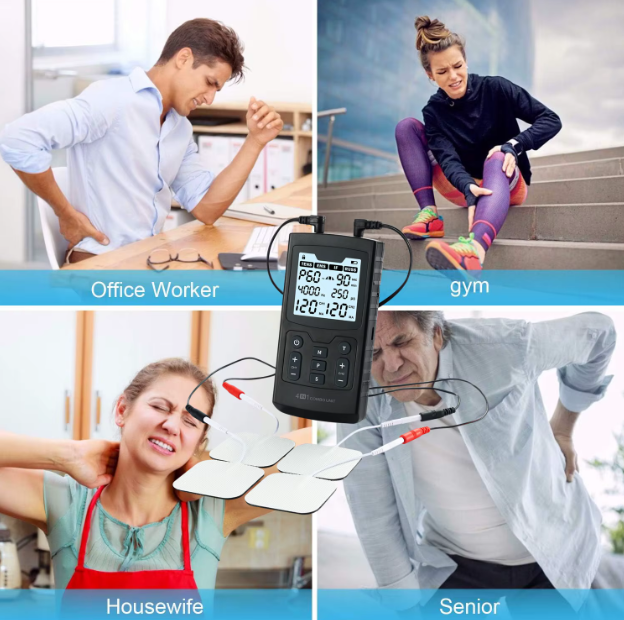 Electroestimulador 4 en 1 con 60 modos y 120 niveles para terapia integral y entrenamiento muscular.