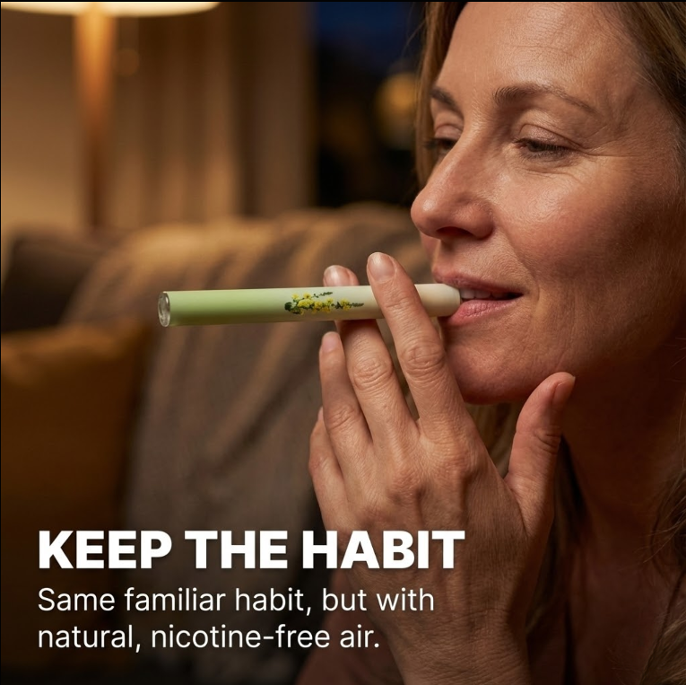 Mujer usando inhalador natural para limpiar pulmones. Alternativa saludable y sin nicotina.