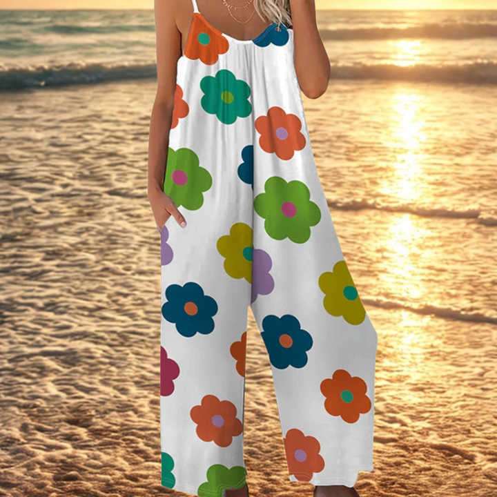 Mono de verano floral para mujer, diseño ancho y con tirantes delgados, muy cómodo y fresco.