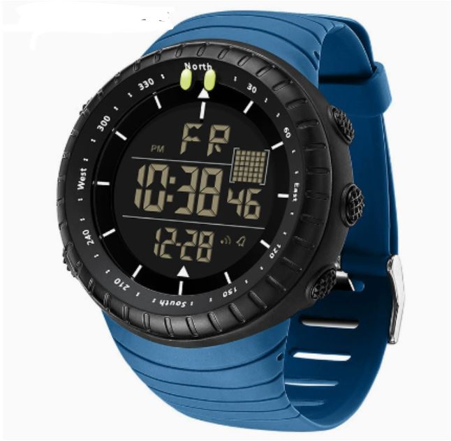 Reloj digital hombre con cronógrafo y luz LED. Resistente a golpes y agua, ideal para deportes y actividades de aventura.