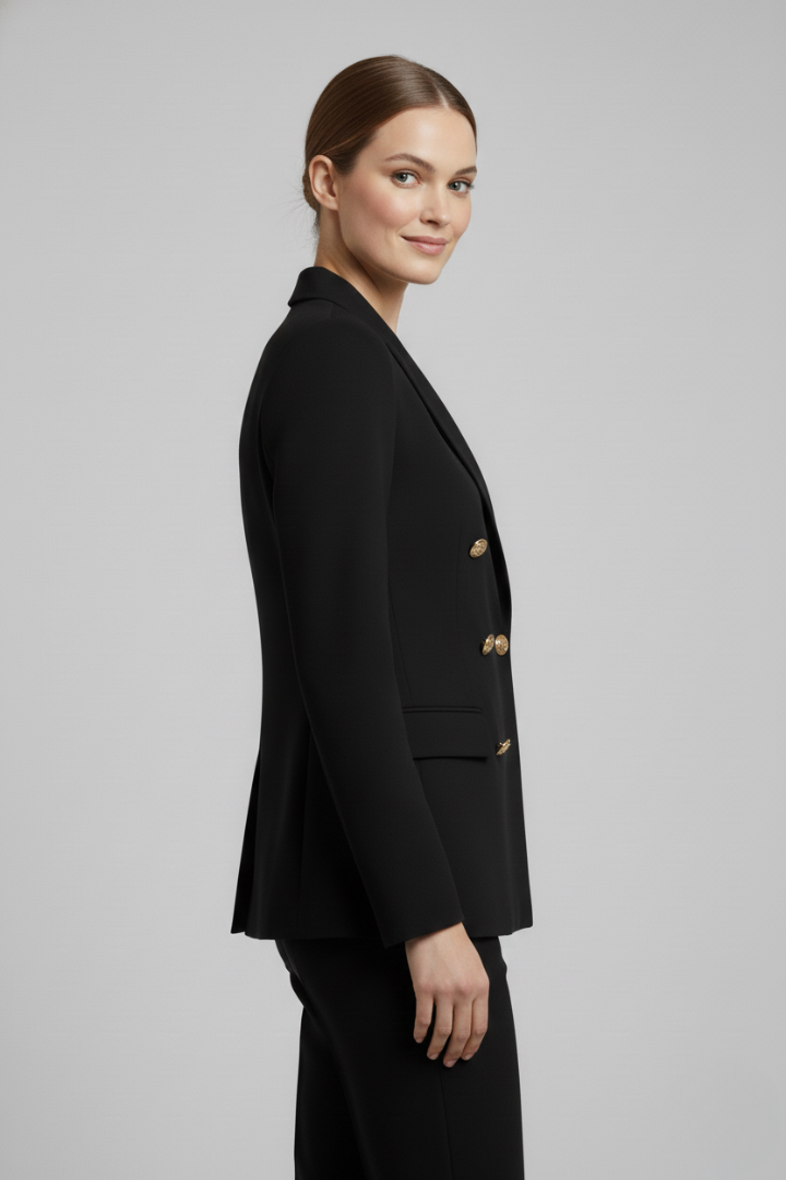Blazer cruzado de mujer con botones dorados, versátil para oficina o eventos elegantes.