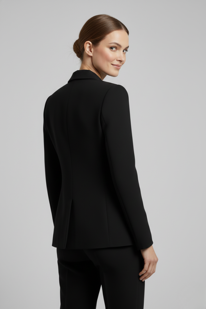 Elegante americana cruzada de mujer, blazer con botones dorados, moda formal para mujer.