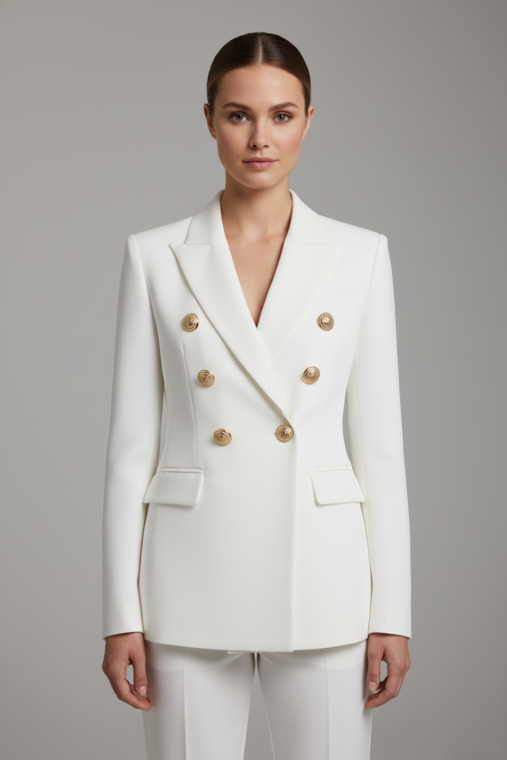 Blazer cruzado sofisticado de mujer, con botones dorados, para un look elegante y de moda femenina.