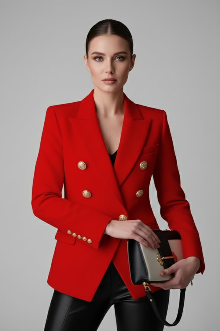 Chaqueta americana de mujer con diseño cruzado, destacando sus brillantes botones dorados.
