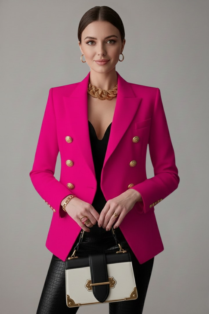 Elegante americana cruzada de mujer con botones dorados, estilo blazer moderno para moda femenina.