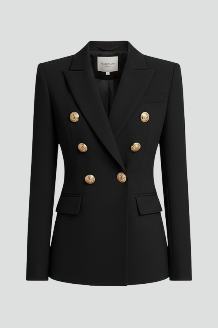 Blazer cruzado de mujer con botones dorados, una prenda elegante para cualquier ocasión formal.