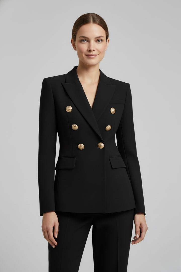 Chaqueta formal de mujer, tipo americana cruzada, con detalles de botones dorados pulidos.