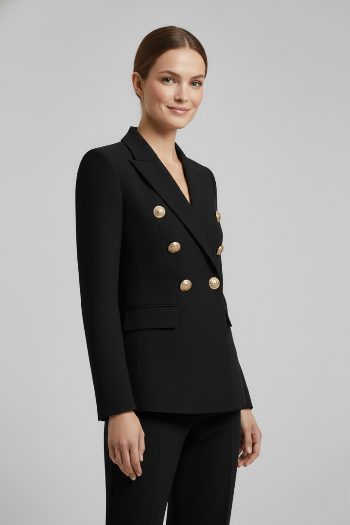 Americana cruzada mujer, botones dorados, estilo sofisticado y elegante, moda femenina.