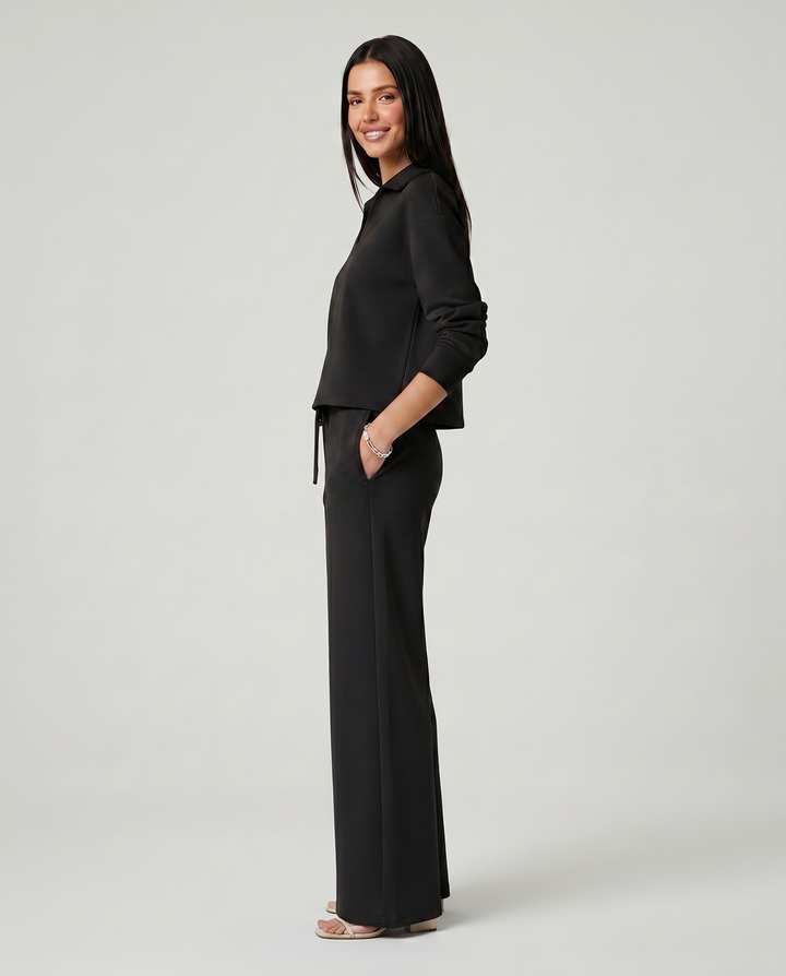 Conjunto completo de punto para mujer: suéter cuello V y pantalón ancho. Ideal para un look casual y acogedor.