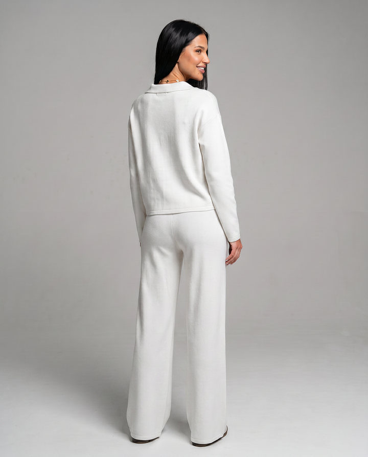 Conjunto de punto versátil para mujer (otoño, invierno, primavera). Cuello V y pantalón ancho.