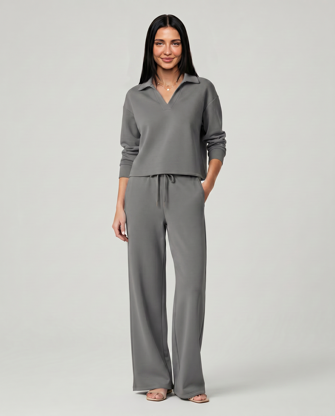Conjunto de punto de otoño/invierno para mujer. Suéter cuello V y pantalón ancho, ideal para el frío.