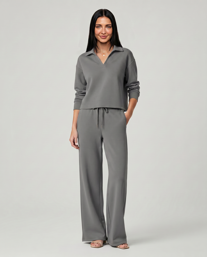 Conjunto de punto de otoño/invierno para mujer. Suéter cuello V y pantalón ancho, ideal para el frío.