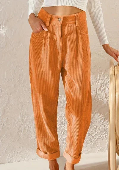Pantalón de pana suave para mujer, diseño de cintura alta y pierna ancha, perfecto para otoño-invierno.