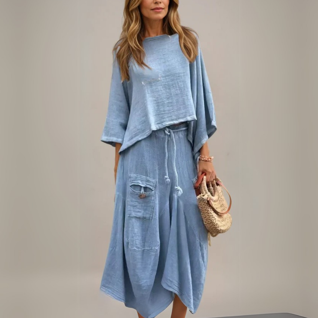 Elegante conjunto de mujer, falda fluida y top. Perfecto para vacaciones y moda de verano.