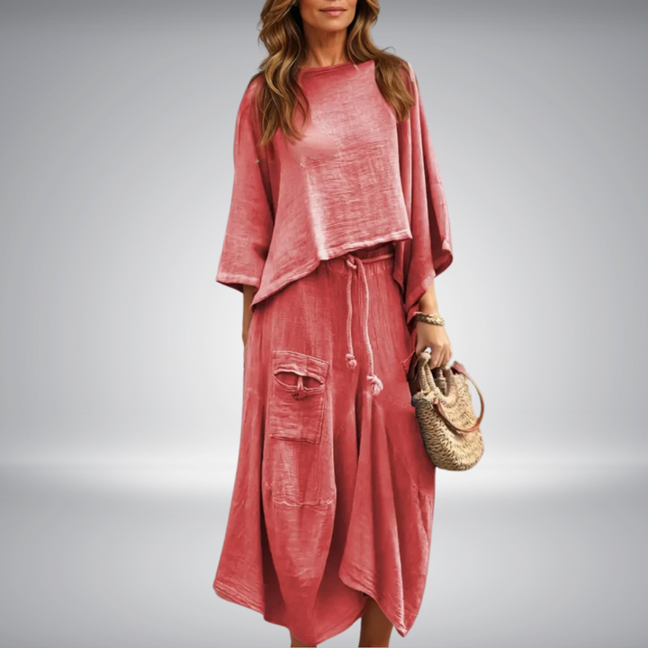 Conjunto casual femenino con falda fluida y top LUNA, un estilo fresco y moderno para mujer.