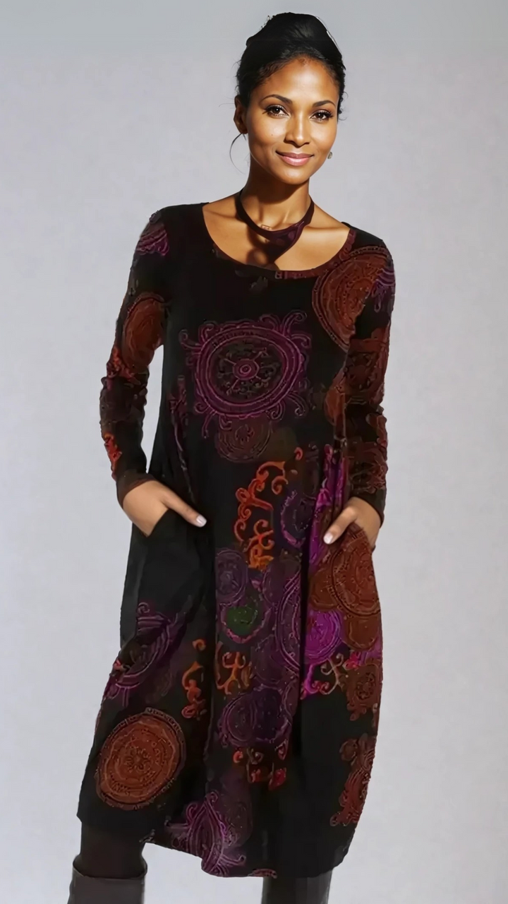 Ropa mujer: Vestido casual bohemio SIENNA, midi con estampado distintivo, perfecto para uso diario.