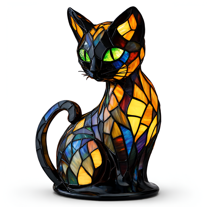 Lámpara de mesa decorativa de gato en vitral, perfecta para el hogar, arte único y vibrante iluminación.