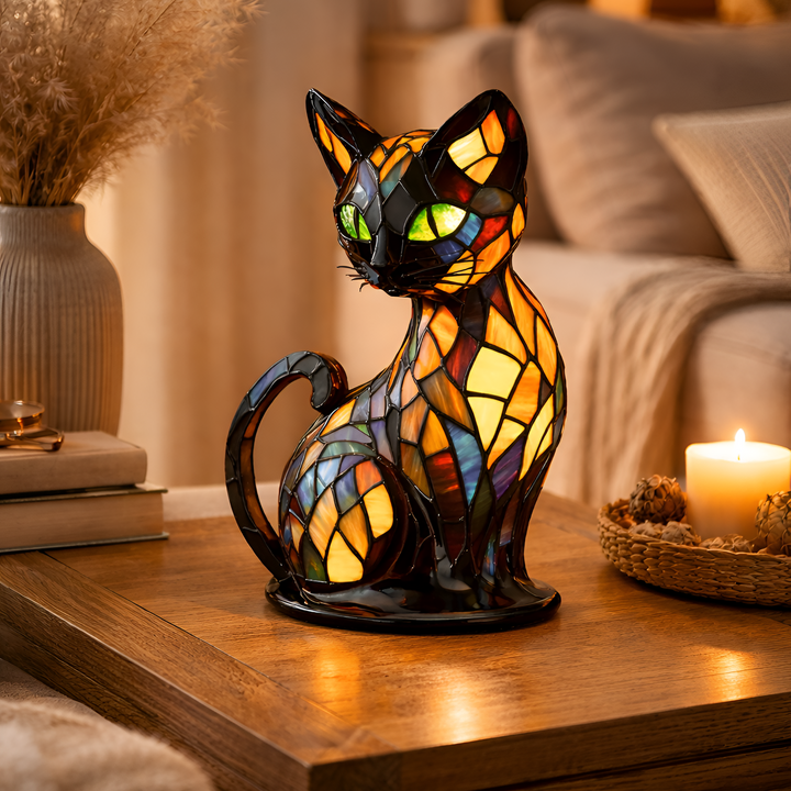 Original lámpara de mesa con diseño de gato de vitral. Ideal para decoración de hogar, oficina o como regalo.