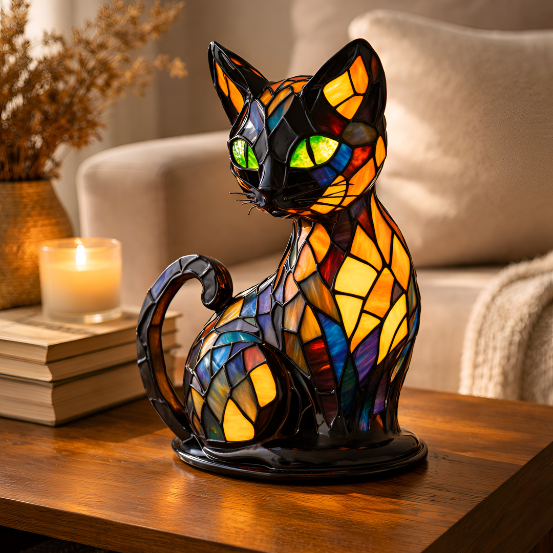 Lámpara de gato de vitral para mesa, arte decorativo que ilumina. Añade personalidad a tu hogar u oficina.