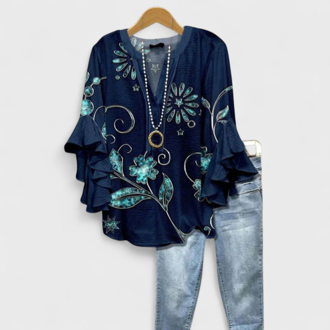 Blusa con volantes para mujer, modelo Celia, estampado floral, casual y muy chic.