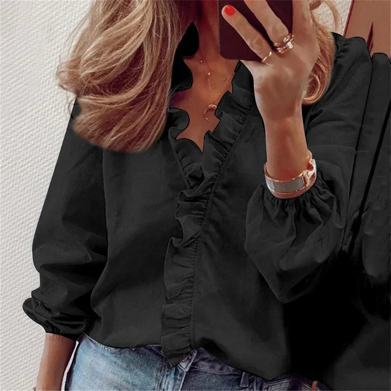 Ropa de mujer: Blusa de volantes y manga larga. Diseño casual y holgado con elegante cuello V.