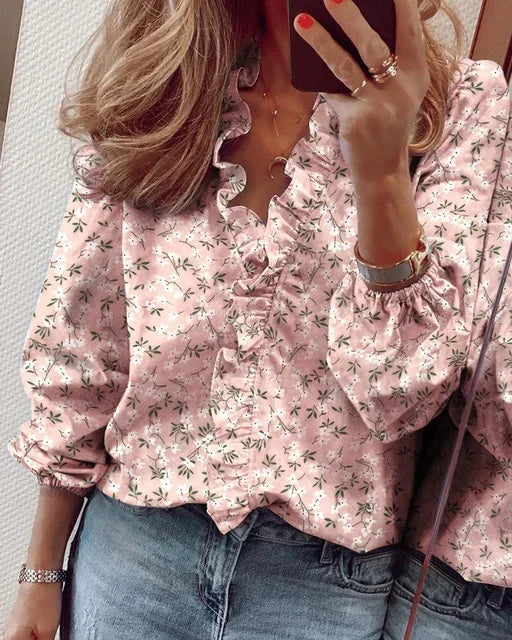 Blusa de volantes para mujer, estilo bohemio. Cuello V y manga larga, perfecta para la primavera.