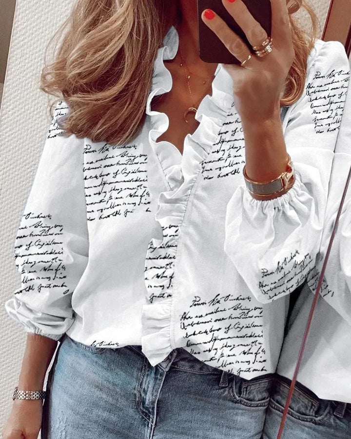 Blusa casual de mujer, cuello V, manga larga y volantes. Moda femenina holgada y moderna.