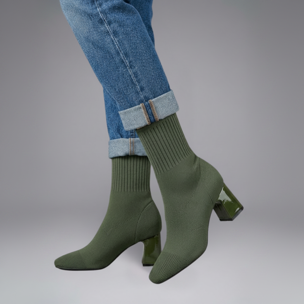 Botines de punto para mujer, tacón chunky, calzado versátil de otoño/invierno, look casual.