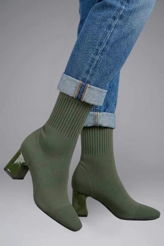 Botines de mujer de punto con tacón chunky, calzado casual de moda, cómodos y con estilo.